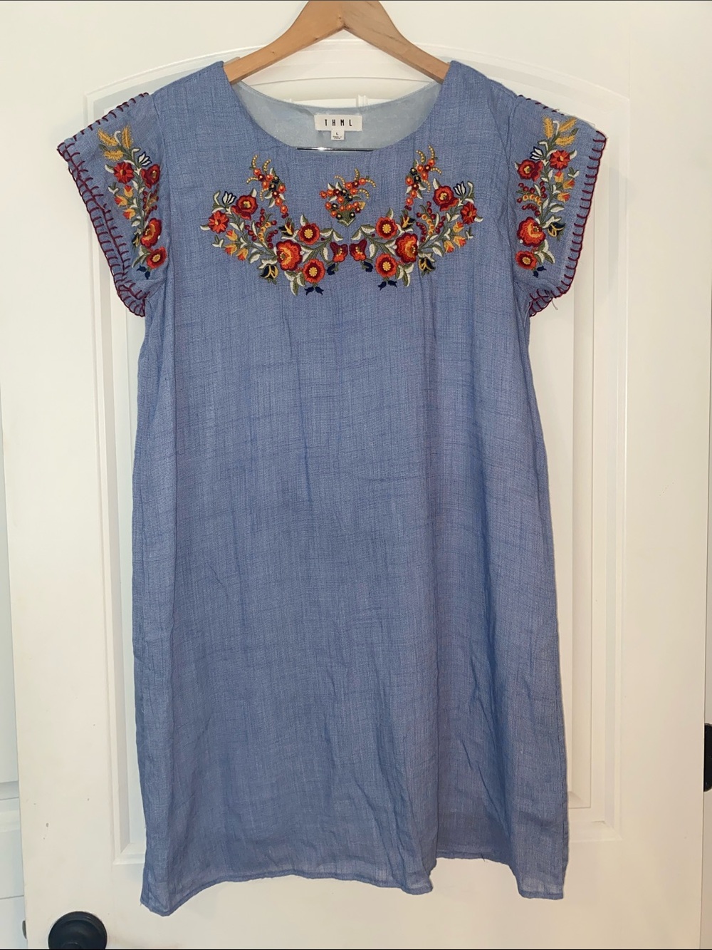THML Light Blue Embroidered Floral Mini Dress size Large